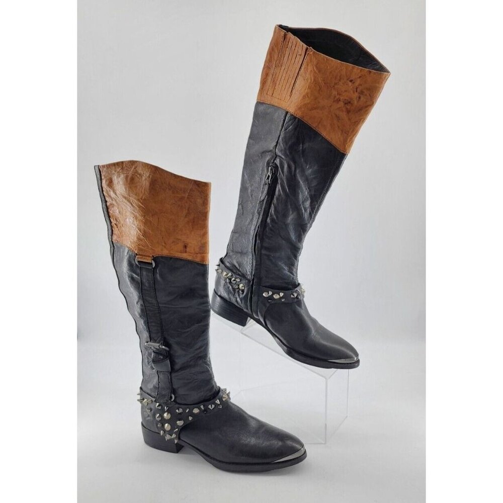Sam Edelman Women's Park Moto Riding Boot Spiked Studs Leather Black/Tan Size 7M